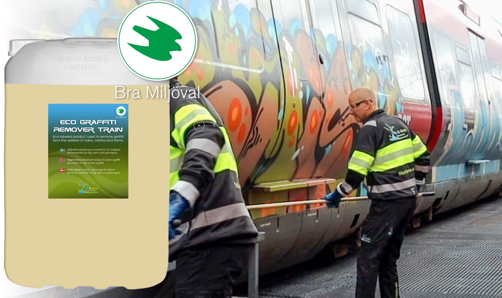 Bilden visar två personer som arbetar med att ta bort graffiti från ett tåg. De använder en produkt som marknadsförs som miljövänlig, vilket framgår av texten &#34;Bra Miljöval&#34; och etiketten på produkten. Tåget är täckt med färgglad graffiti.