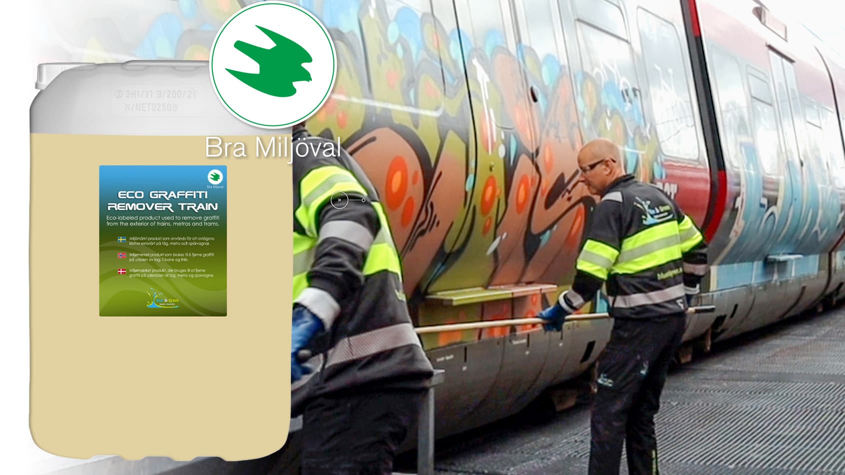 Bilden visar två personer som arbetar med att ta bort graffiti från ett tåg. De använder en produkt som marknadsförs som miljövänlig, vilket framgår av texten &#34;Bra Miljöval&#34; och etiketten på produkten. Tåget är täckt med färgglad graffiti.
