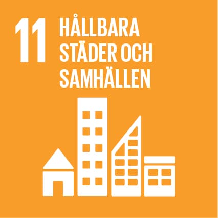 Bilden visar en ikon för mål 11 i FN:s globala mål för hållbar utveckling, &#34;Hållbara städer och ...