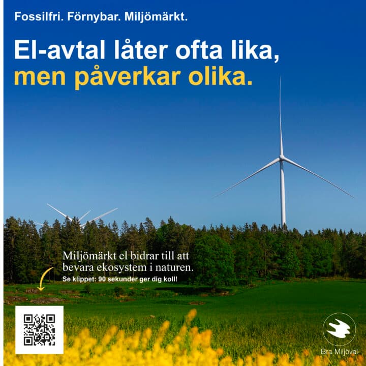 Bilden visar ett landskap med vindkraftverk och en äng med gula blommor i förgrunden. Texten på ...