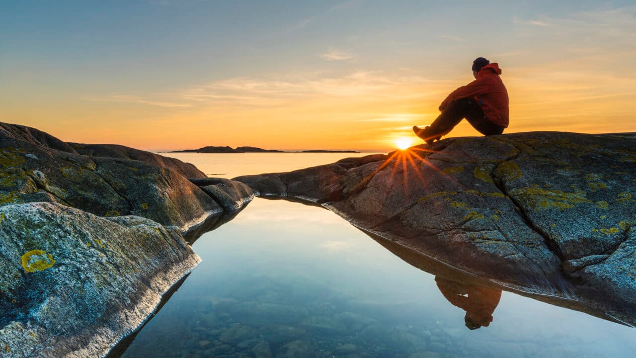 solnedgång, människa, skärgård, vatten, hav, sol, gul, utsikt