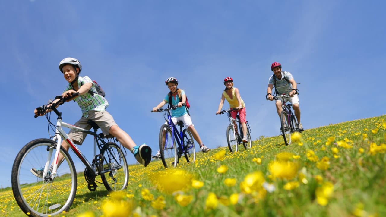 Familj cyklar på äng